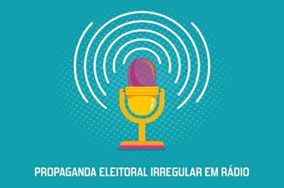 Imagem ilustrativa mostrando um microfone usado em emissoras de rádio, com fundo azul e o texto "propaganda irregular em rádio".