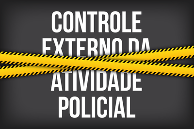 #ParaTodosVerem: Arte retangular com fundo cinza e faixas amarelas cruzadas na parte central da arte. Em letras brancas está escrito Controle Externo da Atividade Policial 