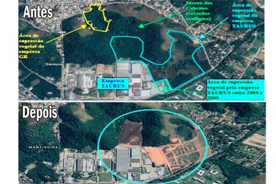 Imagem aérea do antes e depois do local onde está sendo construído o empreendimento, na imagem de cima o Morro dos Cabritos está coberto de vegetaçao e na debaixo já há uma parcela desmatada