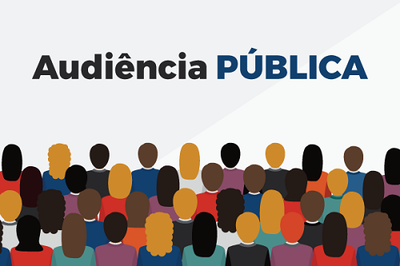 Arte com pessoas em fundo branco com destaque para a palavra "Audiência Pública"