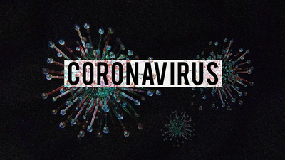 Arte com fundo preto e o desenho de um vírus. Em fundo branco vazado está escrito coronavírus