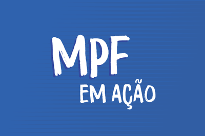 #pracegover: Arte retangular, com fundo azul, e a expressão 'MPF em Ação' escrita em letras brancas.