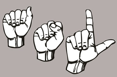 Desenho de mãos fazendo em linguagem de sinais as letras A S L que dizem respeito à lingua americana de sinais