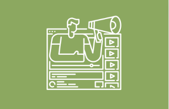 Imagem de fundo verde claro com uma figura na cor branca no centro. A imagem representa uma pessoa segurando uma megafone sobreposta a uma ilustração de uma página na internet. 