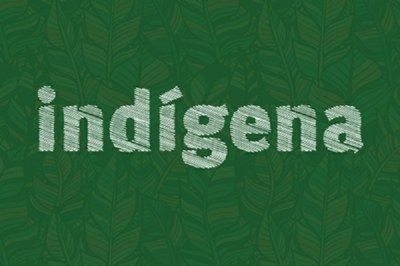 #Pracegover Arte retangular com fundo verde escuro, que traz desenhos de folhas em traços, e a palavra "Indígena" escrita em verde claro, com grafismos brancos