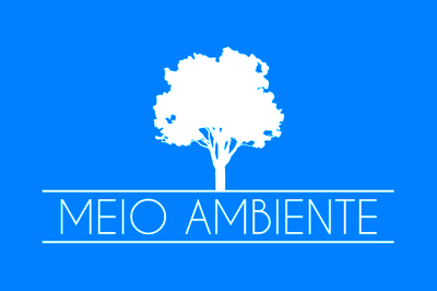 Arte retangular com fundo azul, a ilustração de uma árvore branca, como se fosse uma silhueta, e a expressão 'Meio Ambiente' escrita em letras brancas.
