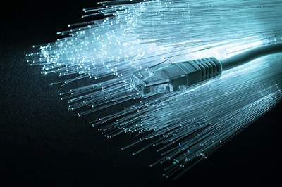 Inúmeros fios de fibra ótica. Sobre os fios, a ponta de um cabo de rede.