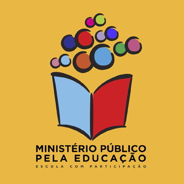 Logomarca do projeto Ministério Público pela Educação que mostra um livro aberto e desenhos de círculos representando leitores.