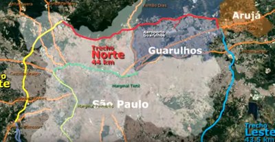 Mapa do rodoanel divulgado pela Dersa destaca, em vermelho, o trecho norte do Anel Viário Imagem: reprodução youtube Dersa