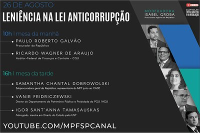 26 de agosto: Leniência na Lei Anticorrupção. Fotos e nomes dos palestrantes